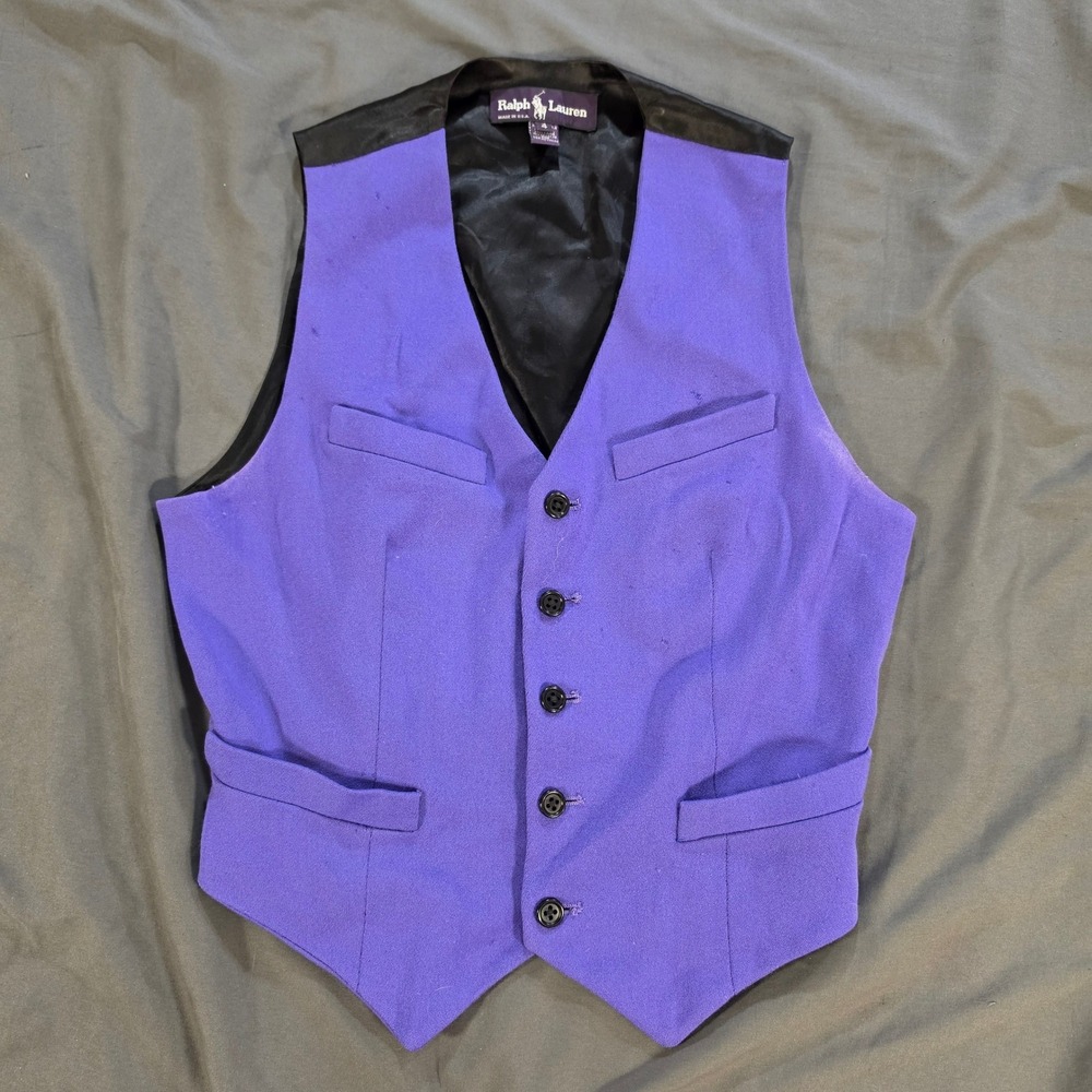 Vintage 80s Ralph Lauren Collection Purple Wool Waistcoat Vest Made in USA Sz 4